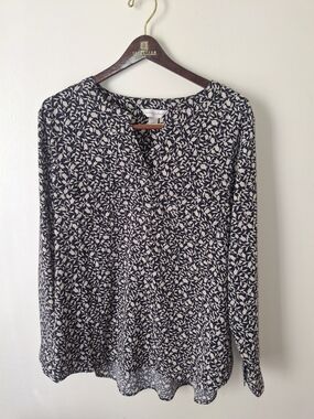 Christopher & Banks Navy and Cream Leaf-Print Long-Sleeve Blouse